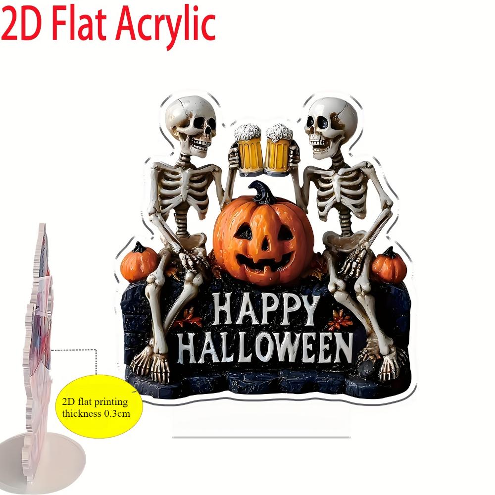 2D Flat Halloween Skull with Acrylic Decoration of Beer and Pumpkin -Bedroom,Living Room Tabletop Display,Holiday Home Decoration Halloween Decoration