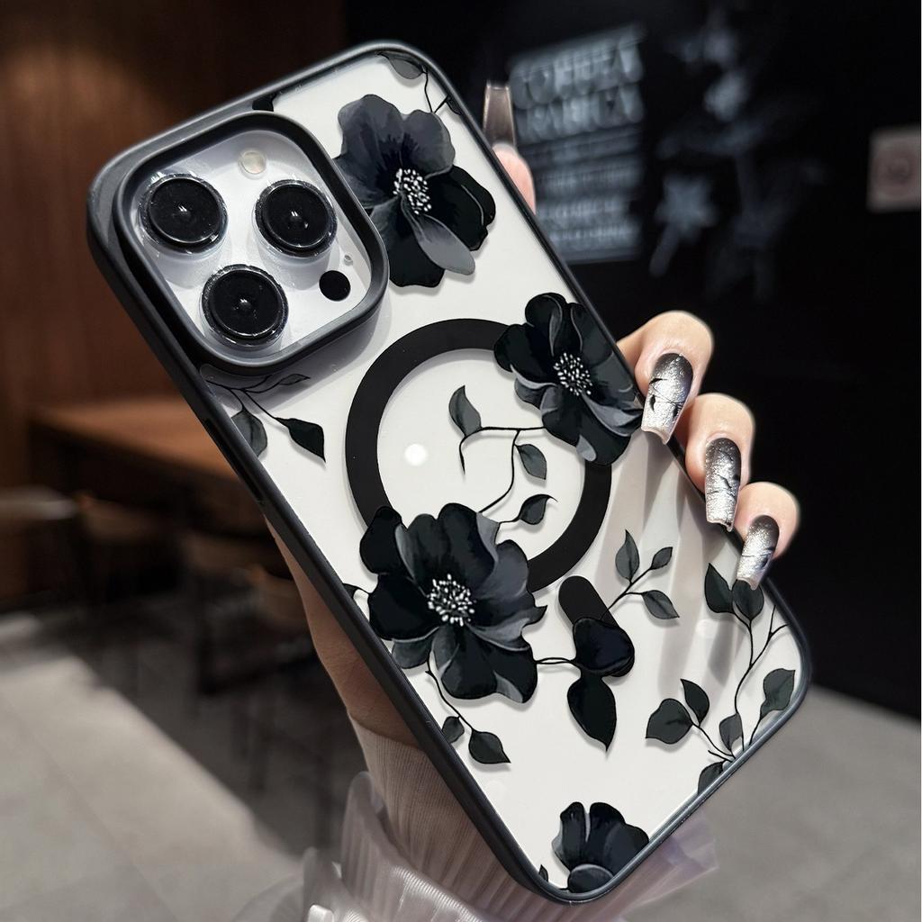 Black Floral Pattern Transparent Magnetic Wireless Charging Phone Case For iPhone 17 16 15 Pro Max 14 Plus 13 12 11 17E 17 Cover