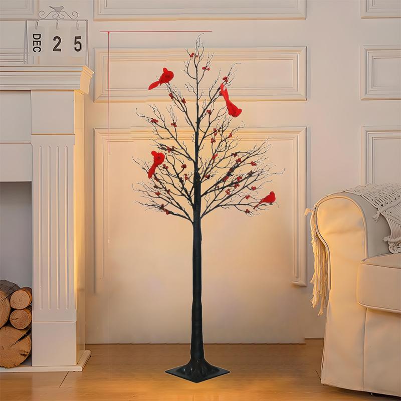 Vintage Glowing Tree With Cardinals, Trees With Cardinals, Little Red Bird Trees Light, Christmas Tree With Berries