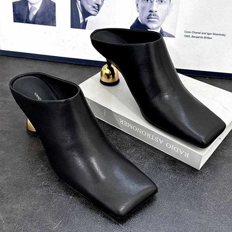 2025 New Trendy Designer Square Toed Elegant Women's Slippers Fashion Mid Heeled Sandals Size 42 Dress Femme Chaussures