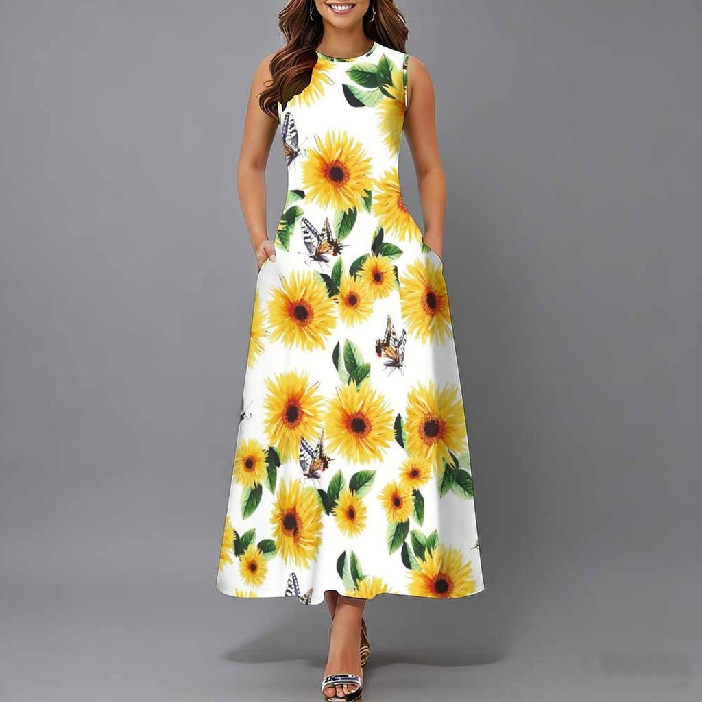Women Oversized Sleeveless Round Neck Dress Bright Floral Printed Loose Mid Calf Gown