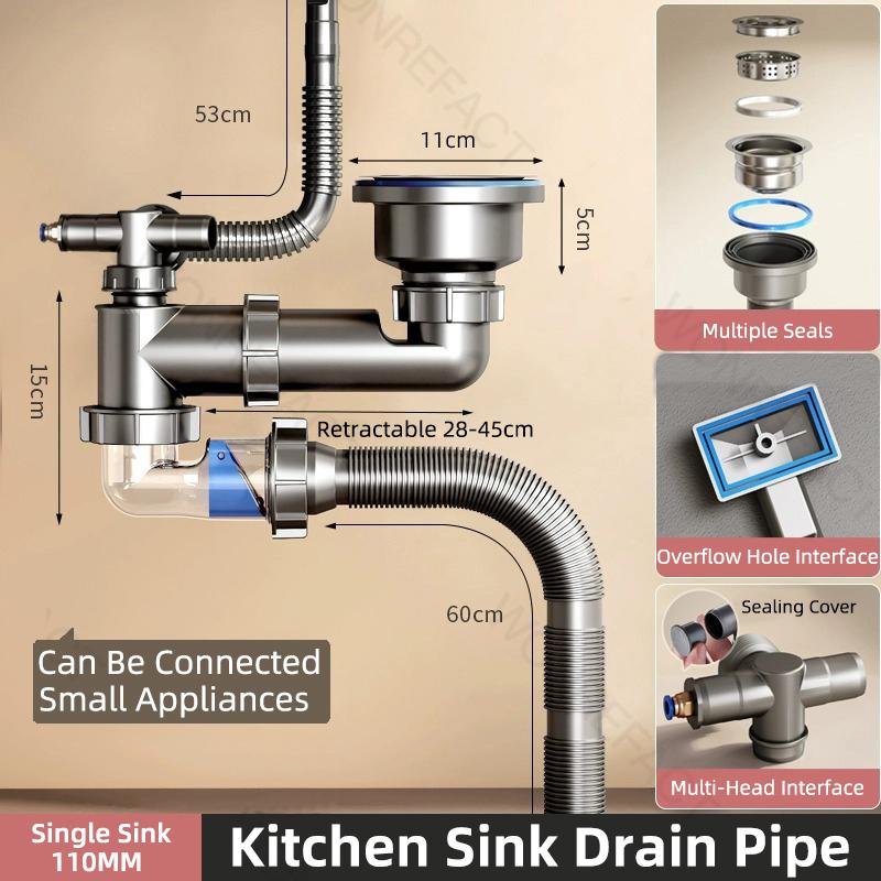 Kitchen Drain Pipe Anti-odor And Anti-blocking Sink Pipe Drain Pipe Single Or Double Garbage Trap Sink Accessories Household Spa