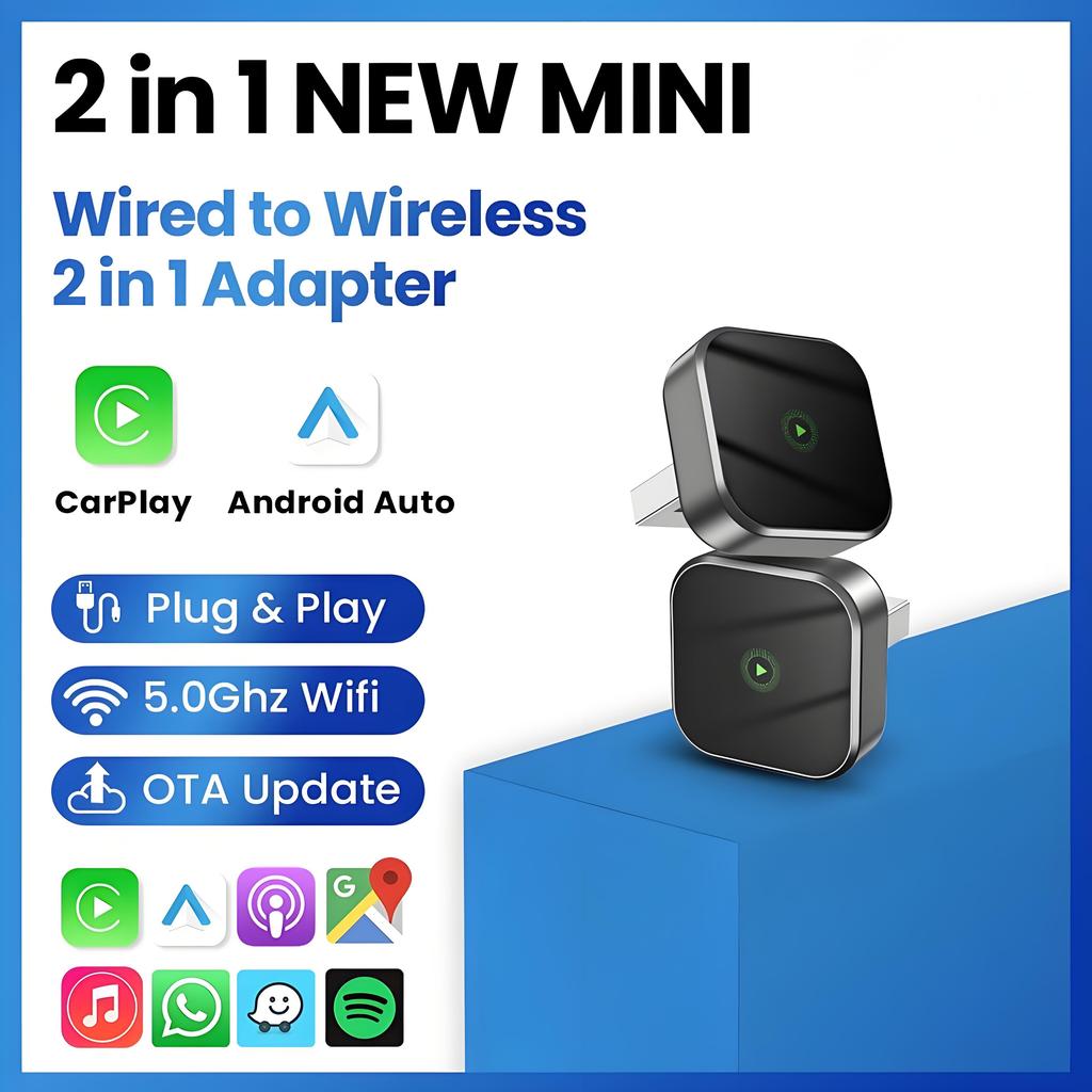 Adattatore 2 in 1 Wireless CarPlay da Cablato a Wireless Android Auto Mini Smart AI Box Tipo-C USB Plug and Play