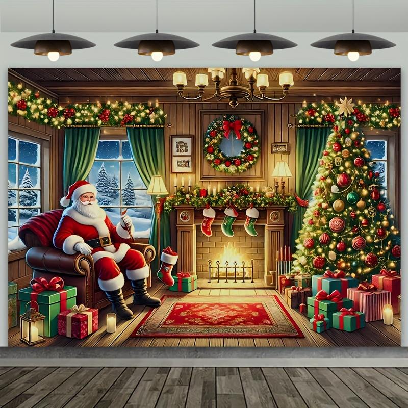 Santa Claus Christmas background with vintage fireplace - holiday party office decoration and live streaming