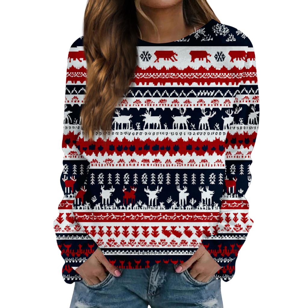 Damen Modisches Lässiges Langarm Retro Weihnachts Schneemann Print Rundhals Oberteil