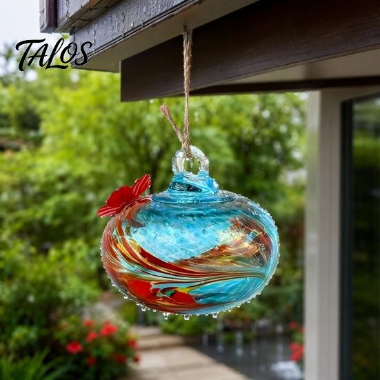 Talos Blown Glass Hummingbird Feeder, Outdoor Hanging Colorful Nectar Feeder with Two Flower Feeding Ports for Garden Backyard Decor