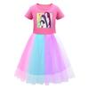 Kids Girls K-POP Rumi Zoey Mira Print Mesh Rainbow Round Neck Short Sleeves Casual Cotton Dress