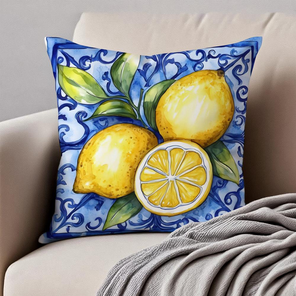 Blue  toned Watercolor Lemon Cushion Cover Pillowcase Antidustmite Invisible Zipper Short Plush Sofa Cushion