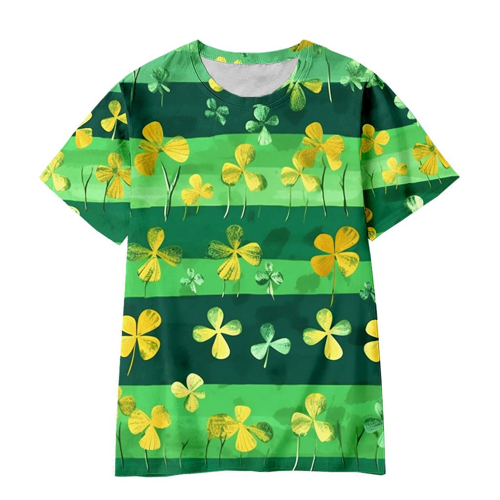 Summer Round Neck 3D Green Magic Hat with Clover Print Top Fashionable Casual Short Sleeved Children's Boy and Girl T-shirts