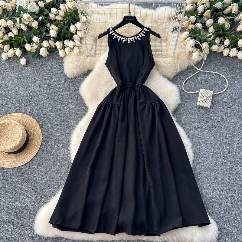 

Fancy Ladies Small Dress Women s Heavy Industry Beads round Neck Halterneck Sleeveless Pleat and Waisted Slimming Large Hem Dress Black XL