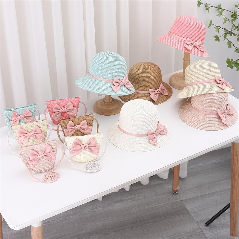 Kids Summer Wide Brim Floppy Straw Hat and Bag Set Beach Sun Visor Cap Cute Bow Baby Birthday Gift for Girls Fisherman Hats