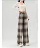 Women's Retro Black & White Plaid Wool Blend Wide-Leg Pants: Fleece-Lined, Thickened, Loose Fit for Autumn/Winter Casual Style.