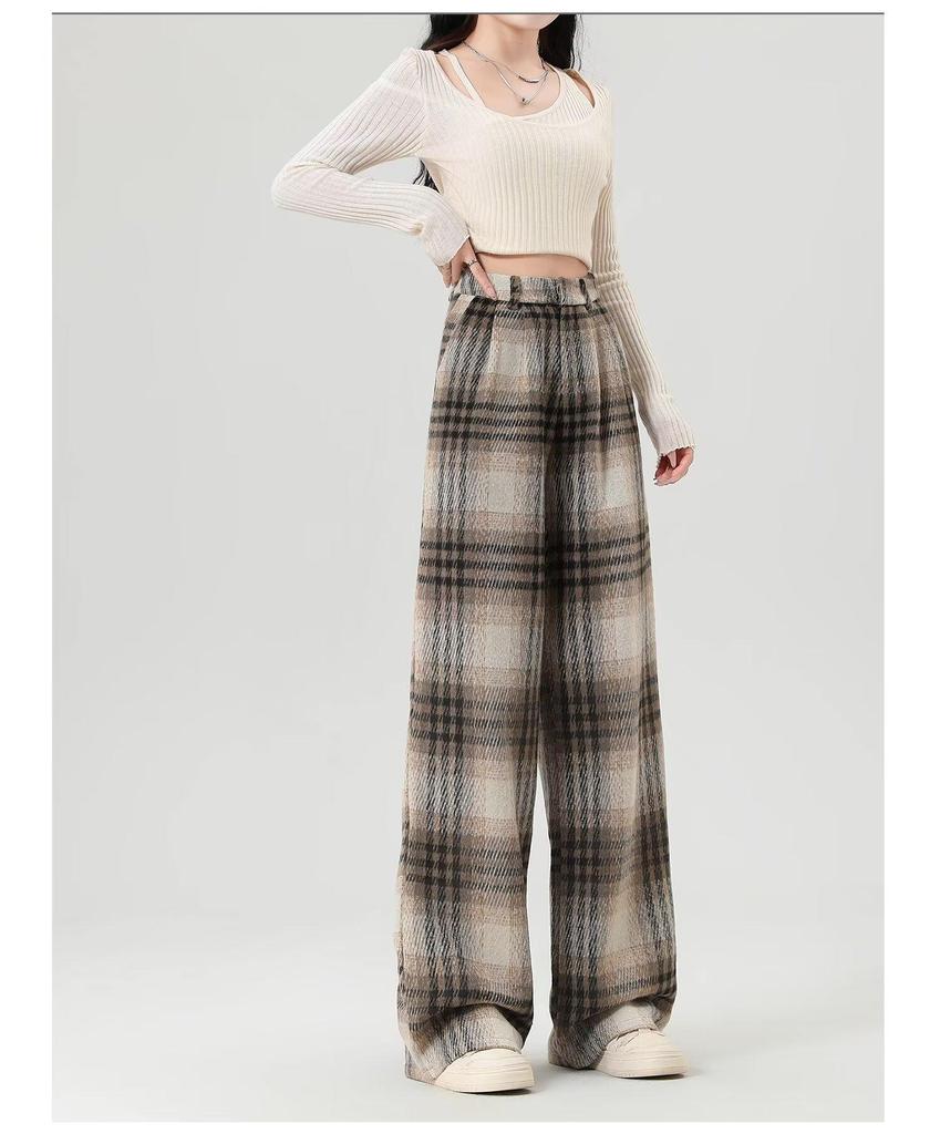 Women's Retro Black & White Plaid Wool Blend Wide-Leg Pants: Fleece-Lined, Thickened, Loose Fit for Autumn/Winter Casual Style.