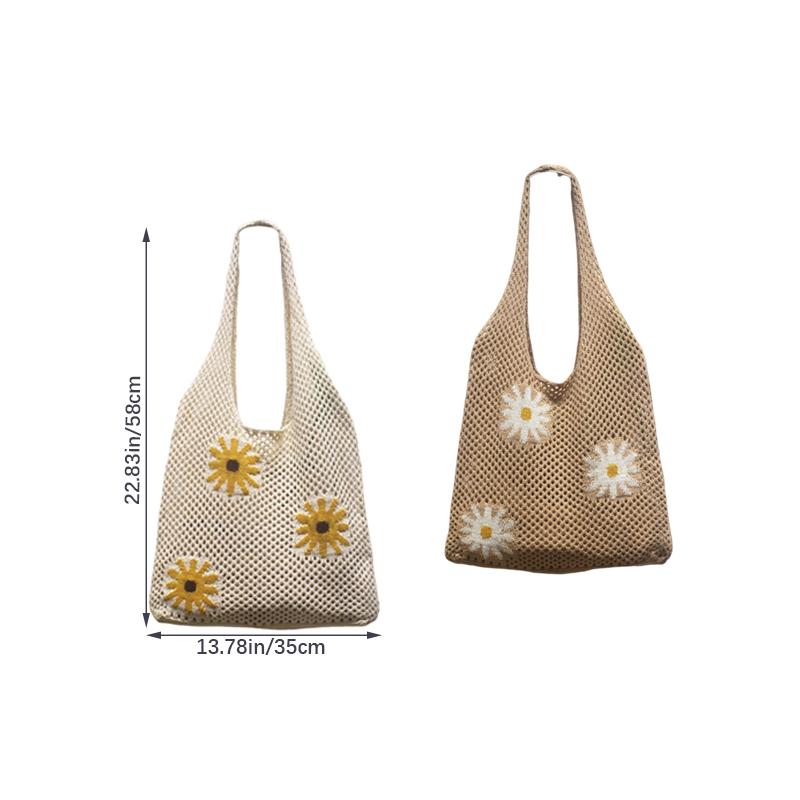 Shoulder Bag For Women Spring Summer Flowers Print Knitted Tote Bag Lightweight Travel Crochet Bag Flower Shopper Bag