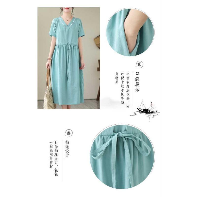 V-neck Mid-length Dress Summer New Retro Literary Large Swing A-line Skirt