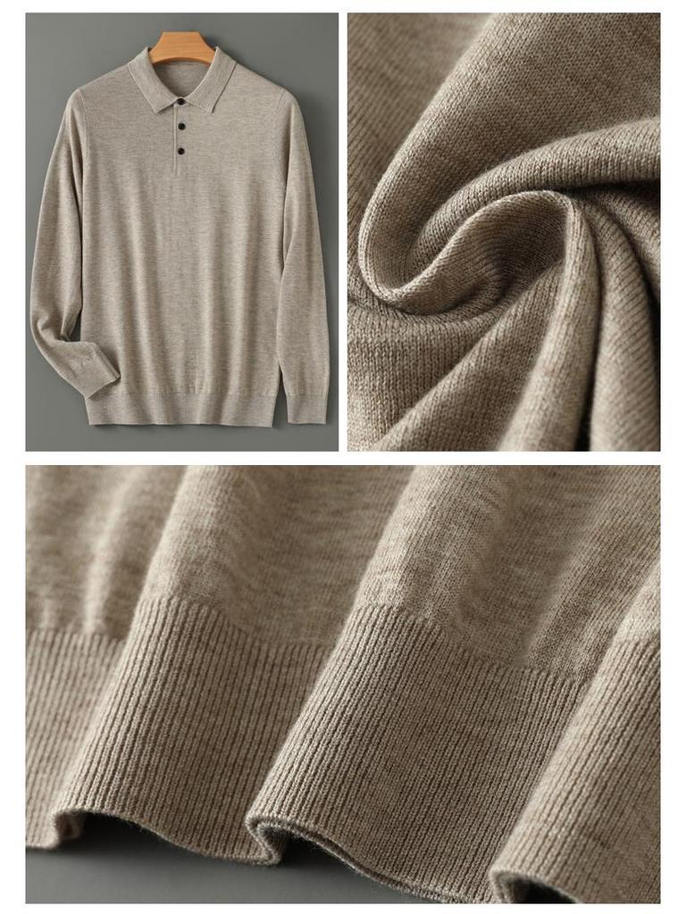 Men's Solid Color Casual Polo Collar Long Sleeve Knitwear Pullover