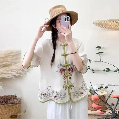 Damen Leinenbluse im chinesischen Stil mit Blumenstickerei Froschknopf 3/4 Ärmel Retro Lässiges Oberteil