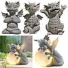 Garden Dragon Statue Happy Dinosaur Cheering You Resin Figurine with Lamp Decorative Accent Sculpture Sleeping Dragon Figurines