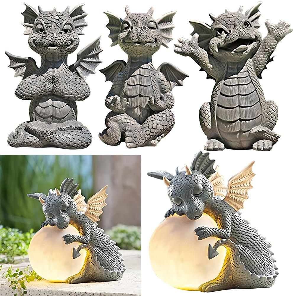 Garden Dragon Statue Happy Dinosaur Cheering You Resin Figurine with Lamp Decorative Accent Sculpture Sleeping Dragon Figurines