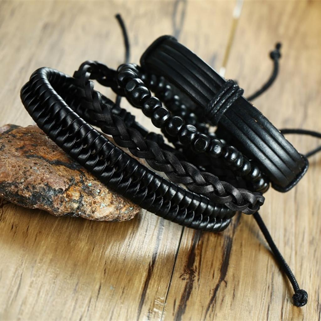 4PCS Fashion Vintage Multi-layer Wooden Beads Trendy Accessories Man's Bracelet Dad Father Boyfriend Valentine's Day Gift