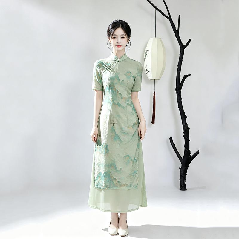 Green Odai national style new Chinese cheongsam improved young women's high-end retro short-sleeved dress spring and summer