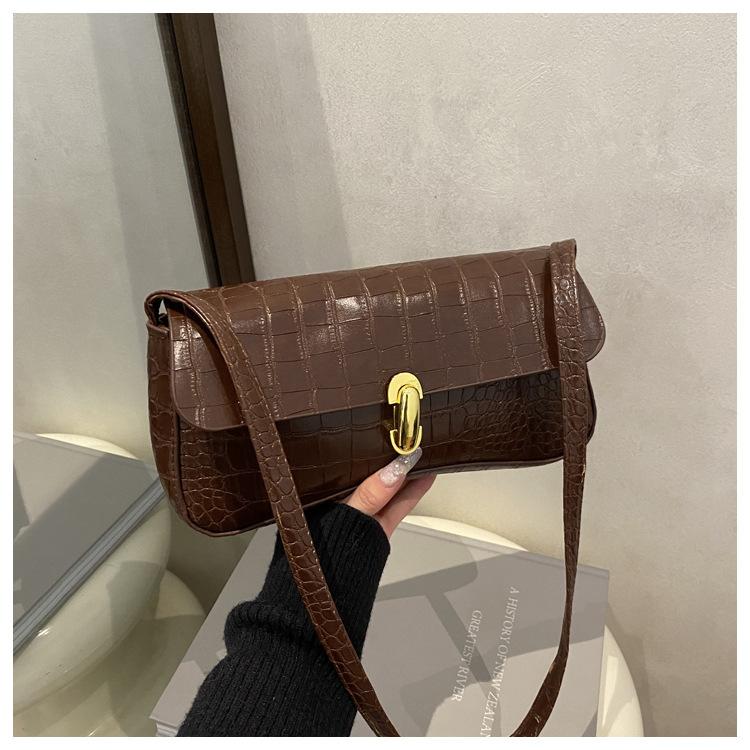 Women Vintage Crocodile Pattern PU Leather Flap Shoulder Underarm Bag Buckle Baguette Tote Bag Female Handbag Purses Solid Color