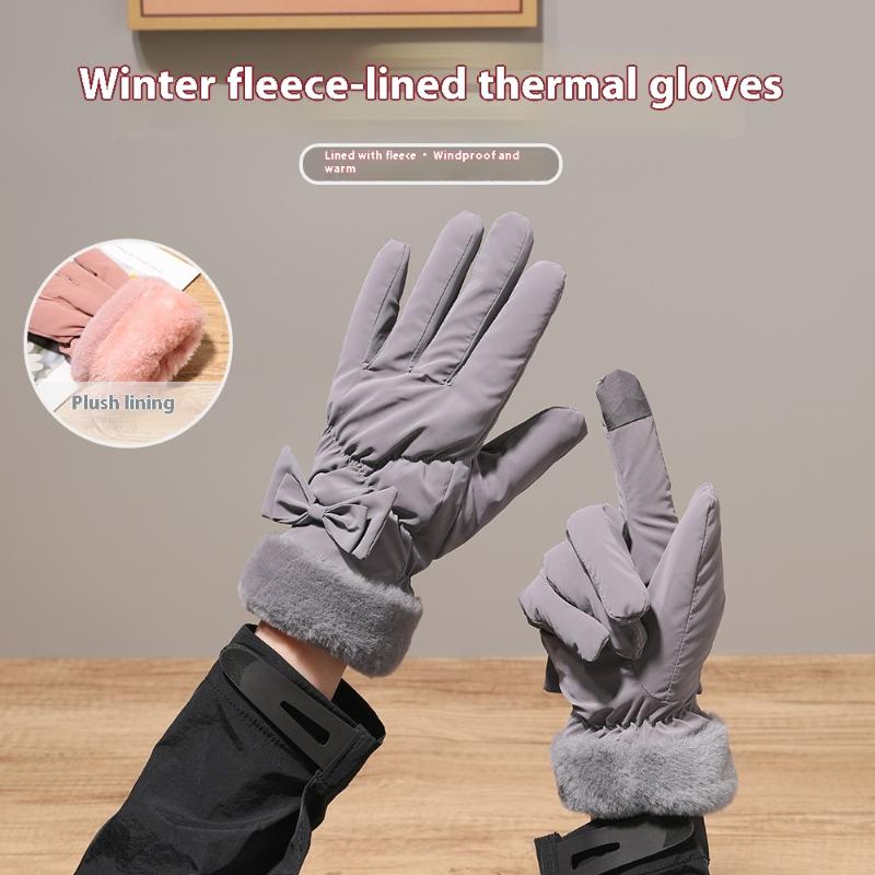Ski Gloves Women Winter Fleece Thickened Warm Plush Cotton Waterproof Touch-Screen Gloves For Outdoor Riding Mountaineering