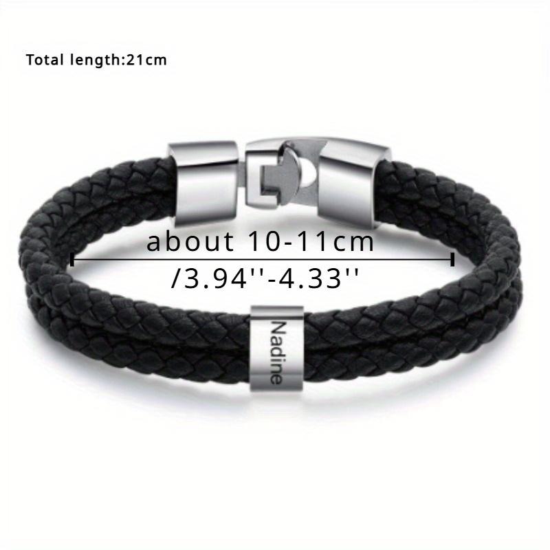 Мужской кожаный браслет Черный плетеный кожаный шнур Браслет с гравировкой имени Мужской двухслойный браслет из нержавеющей стали с гравировкой