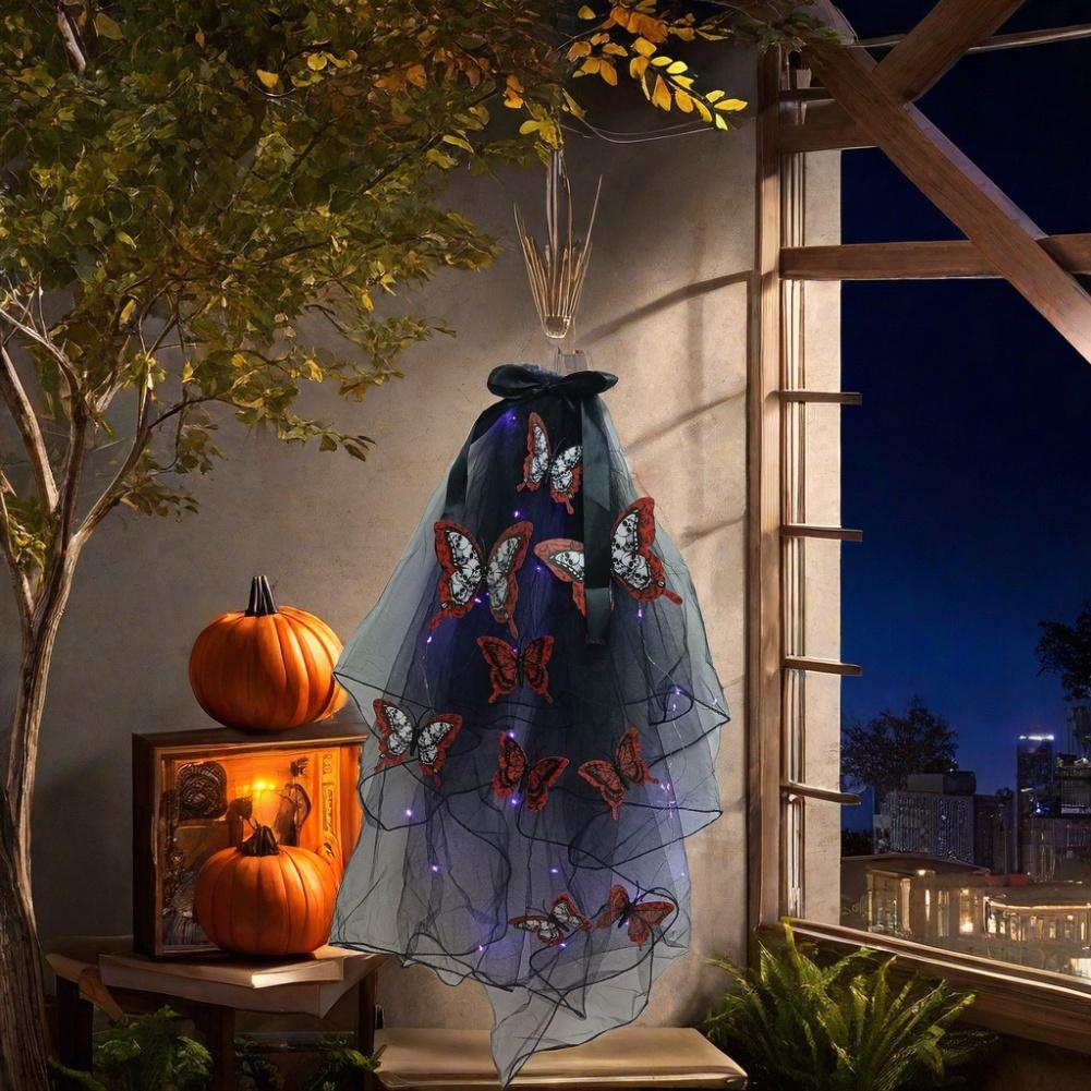 LED Illuminated Butterfly Yashmak Hanging Wall Decoration with Embroidered Details for Halloween and Themed Spooky Events