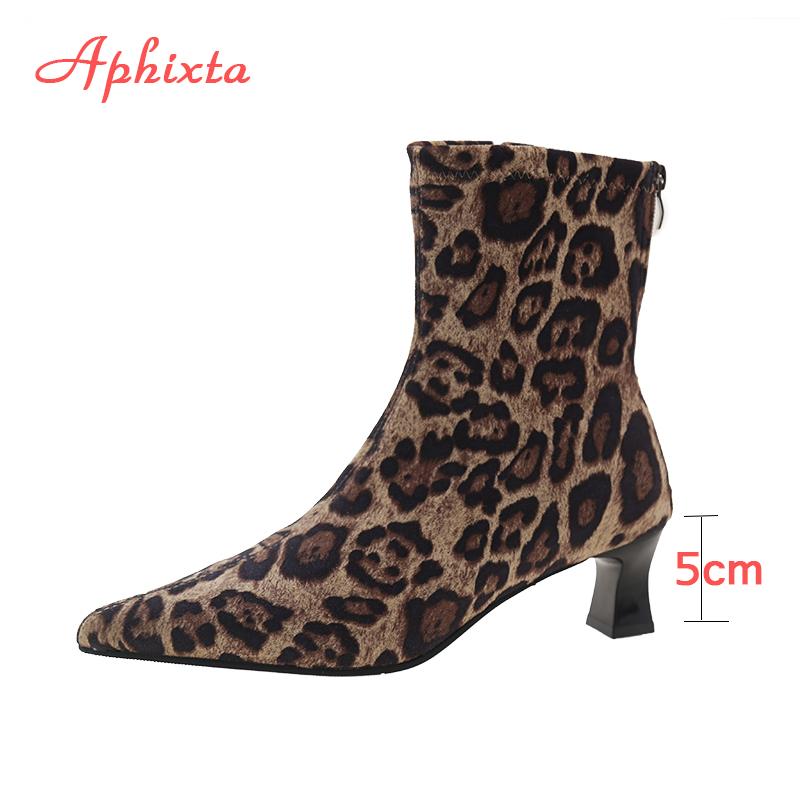 Fashion Aphixta Soft Stretch Fabric Women Ankle Boots Leopard Print Modern Boots 5cm Spike Heels Shoes Woman Boats Botines Para Mujeres