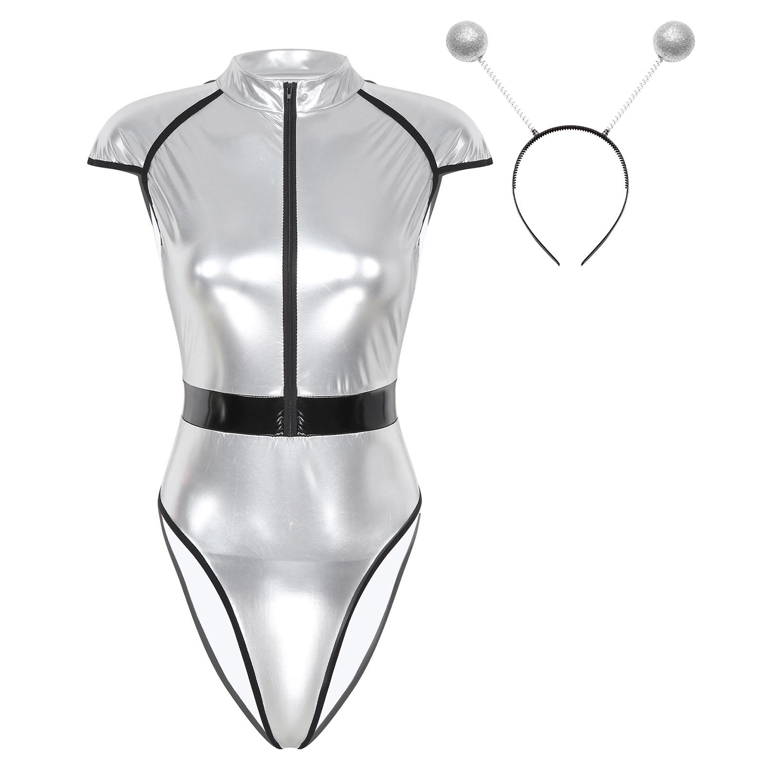 

Womens Alien Cosplay Catsuit Zipper Front Cap Sleeve High Cut Patent Leather Bodysuit Role Play Outfit S срібний