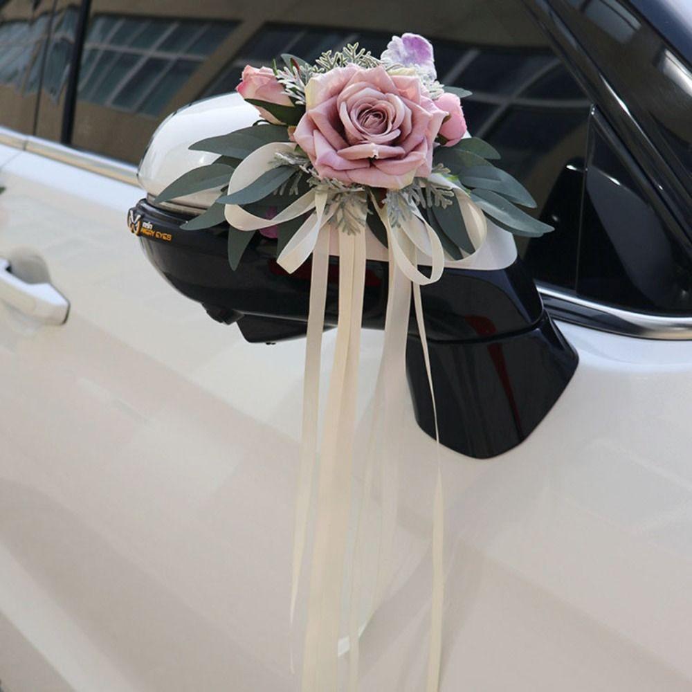 Ribbon Car Door Handle Mirror Flowers Romantic Artificial Roses  Ceremony Party Decor