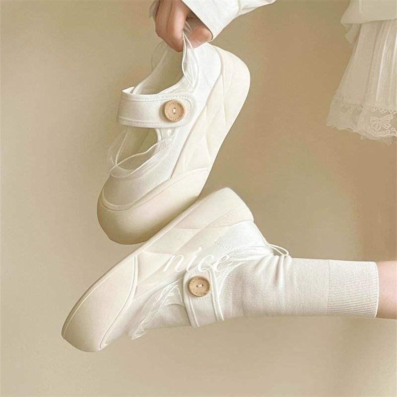 

Женские летние 2025 белые кроссовки на шнуровке с липучкой, парусиновые туфли на платформе, в стиле Мэри Джейн Size 35