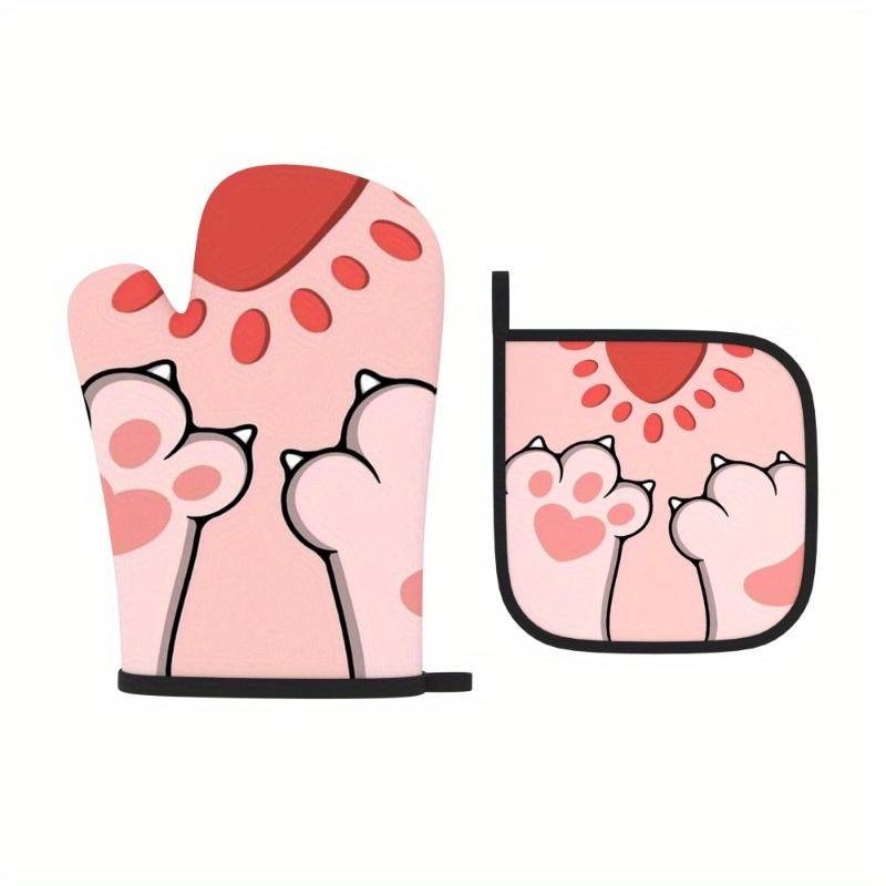 Cute Cat Paw Heat-Resistant Oven Mitts Pot Holders, 10.6x6.7 Inch Pink White Polyester, Machine Washable Ideal for Kitchen Decor