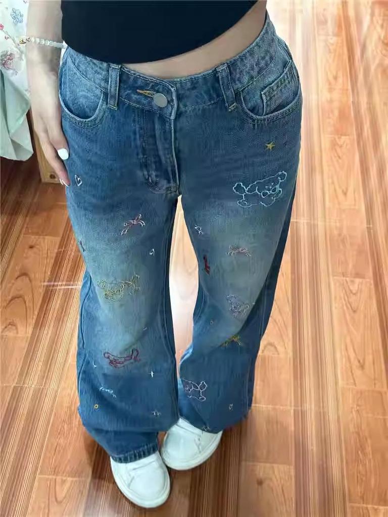 Women's Retro Embroidery High Waist Straight Leg Jeans, Autumn 2025, Slimming Narrow and Wide Leg Options.