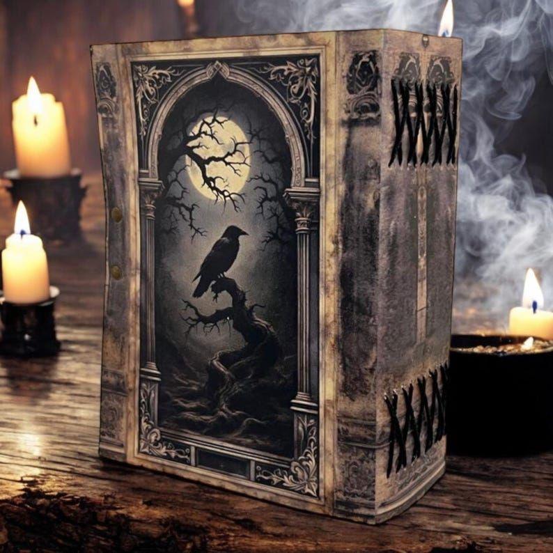 Leather Journal Gothic Notebook The Raven Grimoire Print - Vintage Handamde Journal Book of Shadows Witchcrafts Journal Gifts for Men
