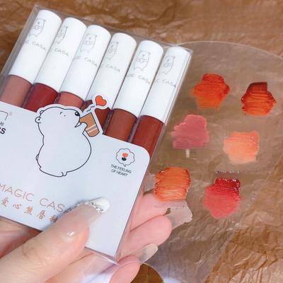 Sechs Lippenschlamm-Sets, samtiger Nebel, matt, Lippenglasur, natürlich weiß, langanhaltend, verblasst nicht leicht, wasserfester Lippenstift, feuchtigkeitsspendende und feuchtigkeitsspendende Damenkosmetik
