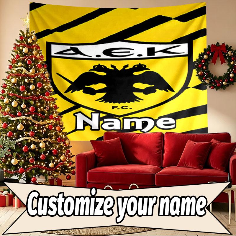Benutzerdefinierter Name Personalisierte AEK Athen FC Druck Wandteppich, Wandkunst Dekor, Schlafzimmer, Studentenwohnheim, Wohnung, Wohnzimmer, Party-Hintergrund, Geschenk zum Geburtstag