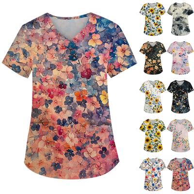 Bedruckte Damen-Uniform, Arbeitsuniform, V-Ausschnitt, Taschenschutz-Arbeitsuniform