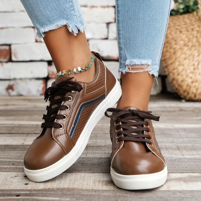 Woman Shoes Casual Sneakers for Women Round Toe Platform Shoes Lace Up Tennis Female Vulcanized Shoes Solid Color Ladies Loafers