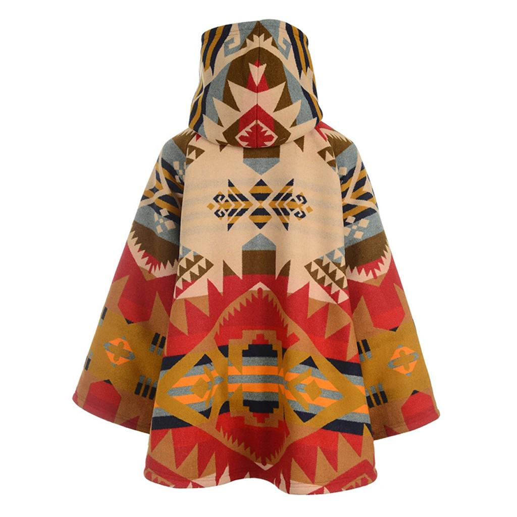 Women Casual Horn Buckle Retro Print Long Sleeve Hooded Jacket Pocket  Coats
