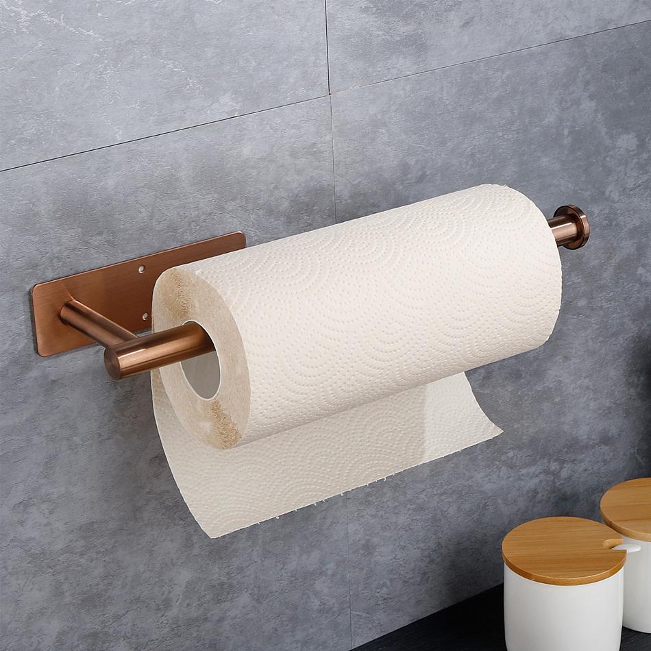 Porte-papier toilette Or Rose Adhésif Acier Inoxydable 304 pour Salle de Bain Cuisine Support Rouleau Papier Essuie-tout Long Suspension Tissu Noir
