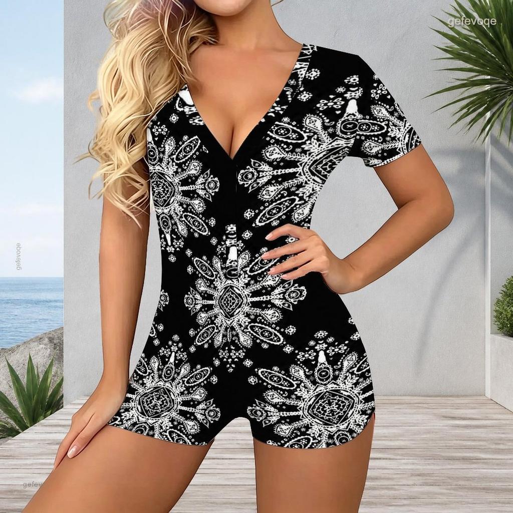 Women Plus Size Red Paisley Floral Printed V Neck Short Sleeve Button Front Fitted Romper