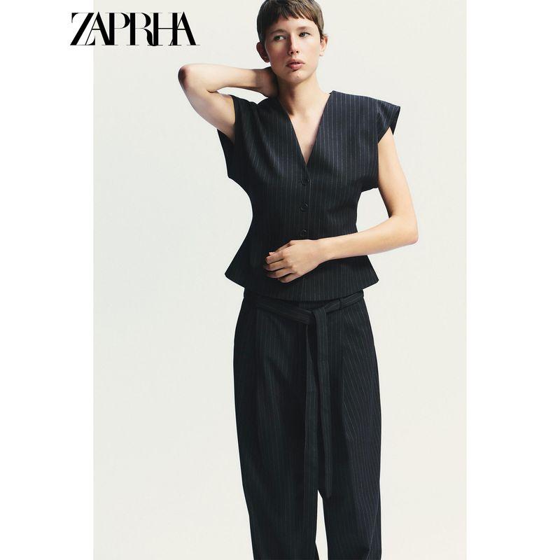 Zaprha 2025 Autumn New Fashion Waist Hugging Slimming Thin Stripe V-neck Wide Sleeve Vest Vest 4749768