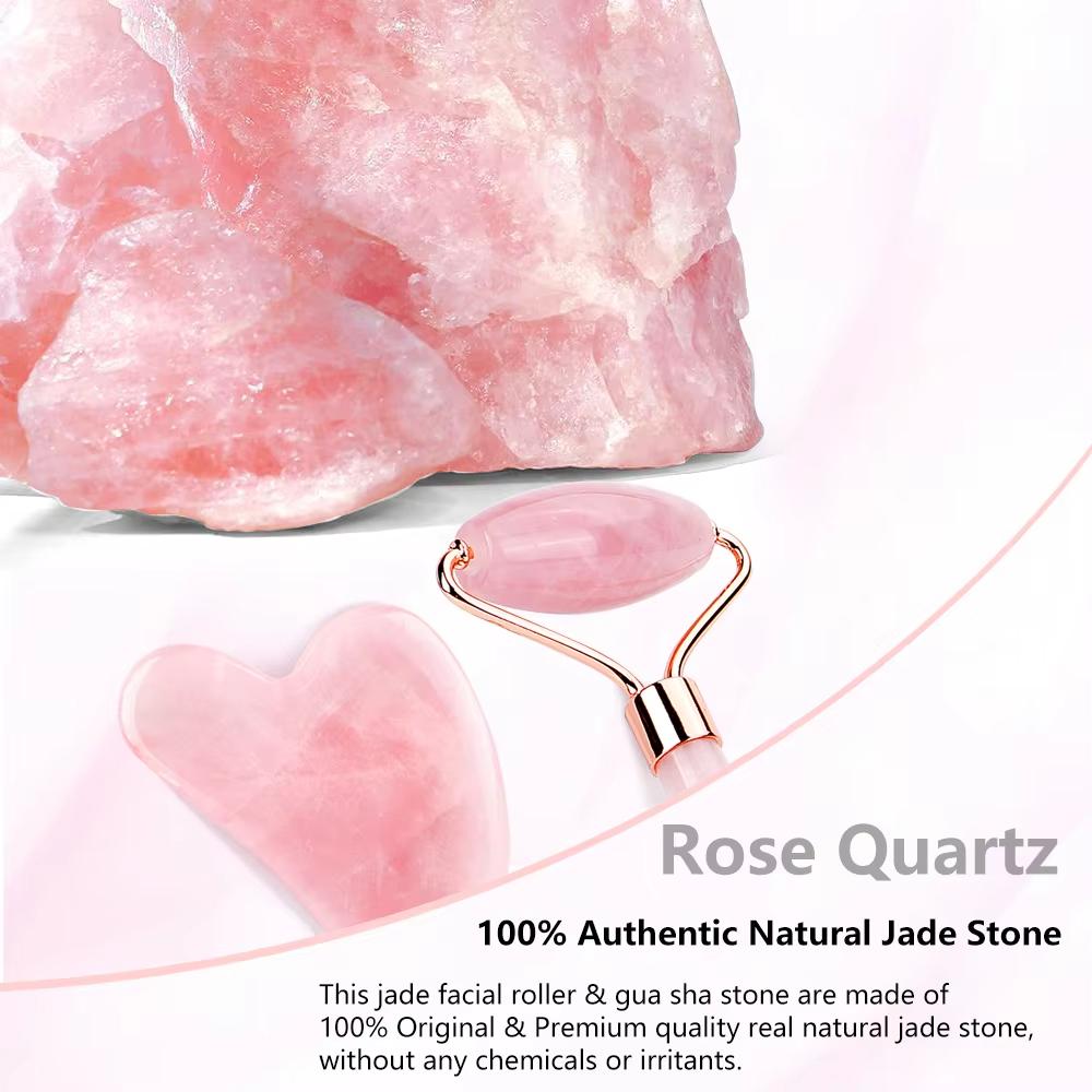 Cuarț trandafir natural Jad Roller Gua Sha Set Facial Body Massager Roller Jad Stone Set Masaj Set Face Lifting Beauty Masaj Instrumente