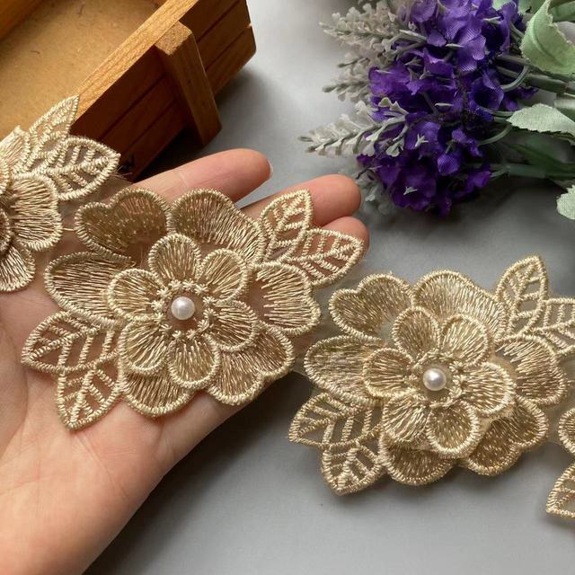 10x Pearl Flower Dubbellager Vingar Broderade Spets Trim Sticka Band Blommor Applikation Patches Klänning Tyg Sy Hantverk 9cm