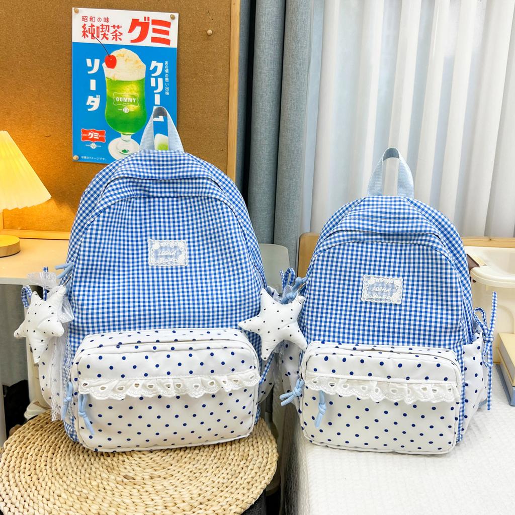 Schoolbag Korean Sweet Plaid Backpack Female Junior High School High School Student School Bag Lace Large Capacity Lightweight Backpack