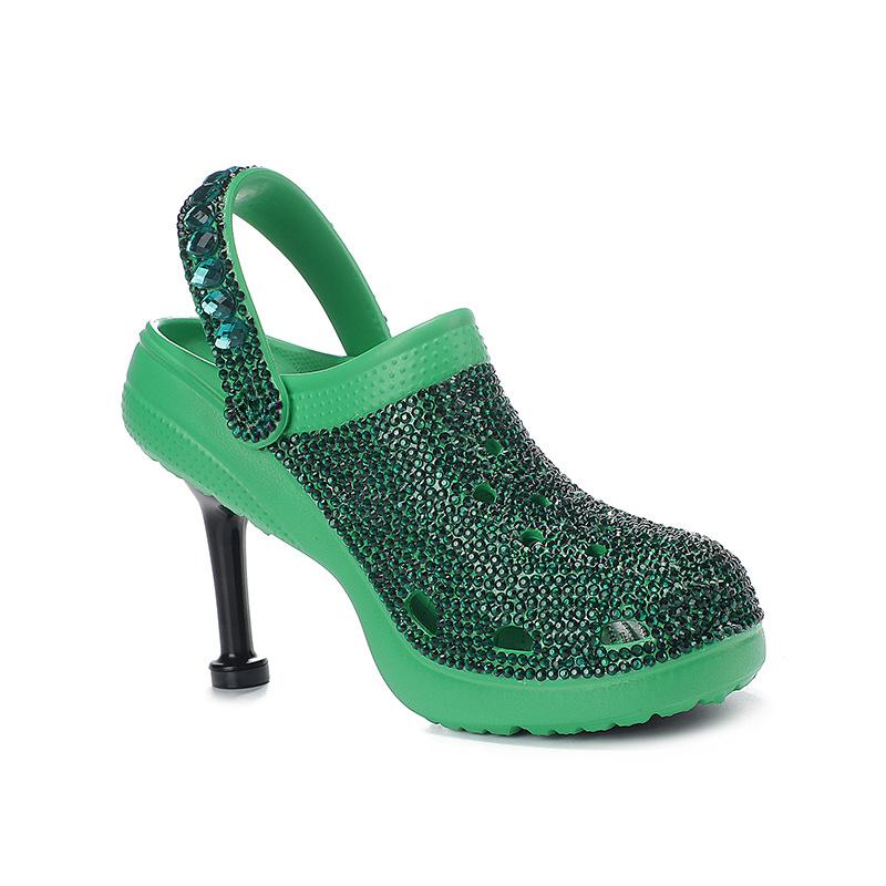 Fashion Designer High Heel Rhinestone Hollow Hole Hole Shoes Pearl Colored Diamond Fashionable Lazy Slippers Green Size 41 Women's Shoes
