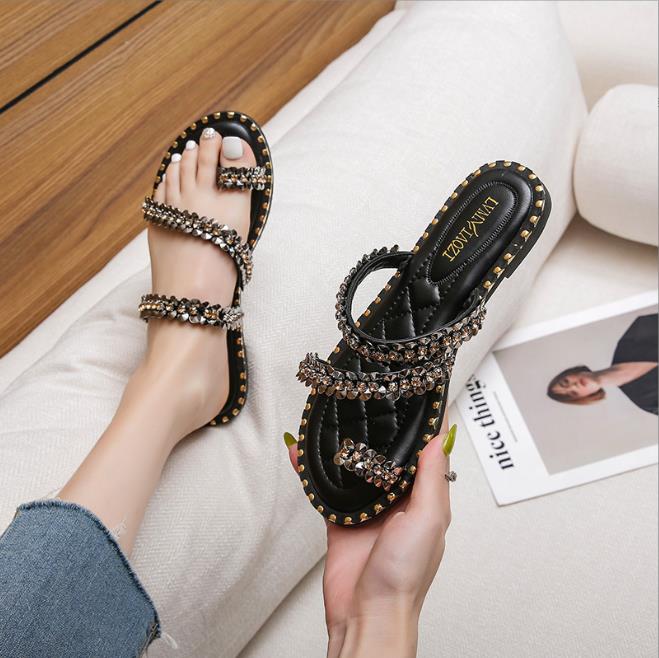 

Модная обувь Женская Весна Лето 2025 Вьетнамки Плоские Шлепанцы Стразы Модные Удобные С Открытым Носком Роскошные Сандалии Женские Дизайнерские 43 соломенный