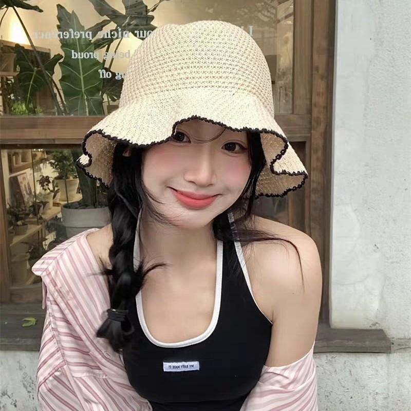 New bucket hat women's summer sunshade sunscreen straw woven basin hat versatile face small wide brim woven hat
